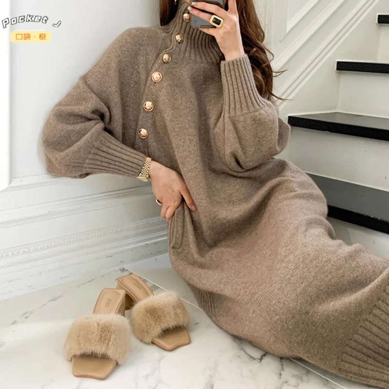 

[Pocket J] Autumn and Winter Retro High Neck Chic Button Two-wear Sweater Long Skirt Lace Waist Knitted Dress