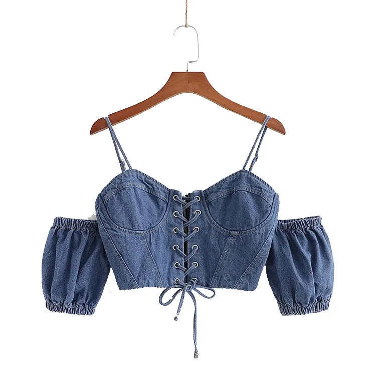 

Summer new women's clothing temperament sexy show back eye lace up denim shirt slim top womens sexy tops blouse casual