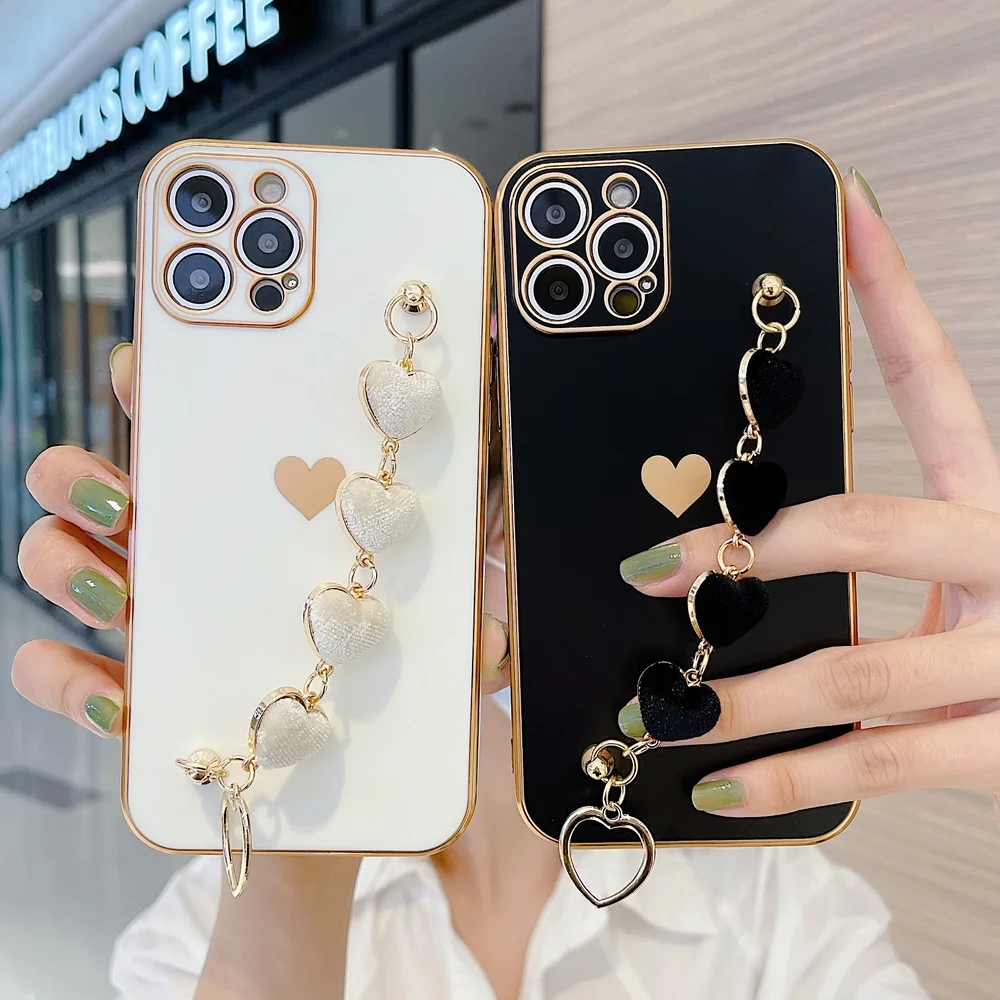 Матовый Гальванизированный чехол с браслетом в виде сердца для телефона iPhone 11 12