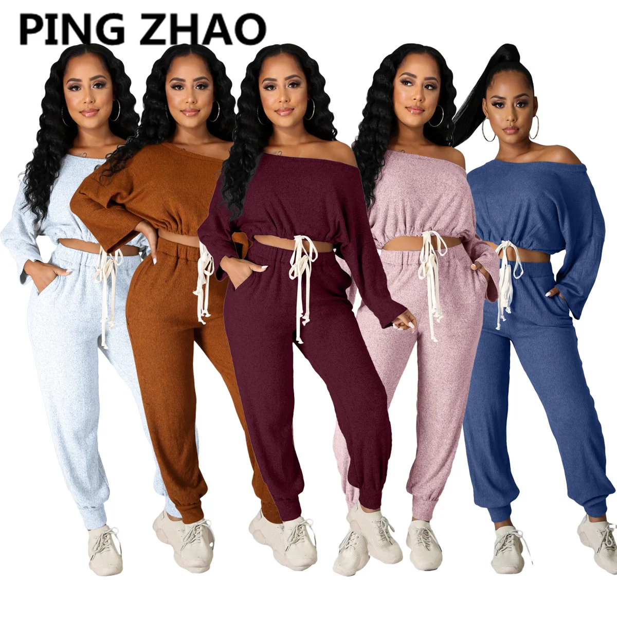 

PING ZHAO Two Piece Set for Women Sexy Off The Shoulder Crop Tops and Drawsting Pants Suit Autumn Tracksuit