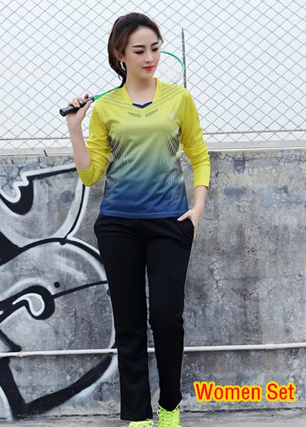 yellow women set High Quality Women& Men Long Sleeve Tennis Shirts Pants Tracksuits Autumn Badminton Set Table Tennis Uniform Sports Kit Custom - Цвет: yellow women set