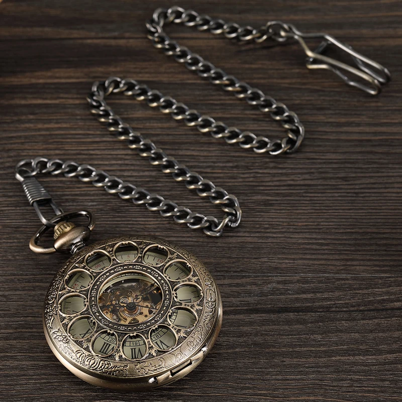 Mechanical Pocket Watch Antique Skeleton Dial Fob Chain Engrave Hollow Out Case Hanging Clock with Gift Box for Men Dropshipping