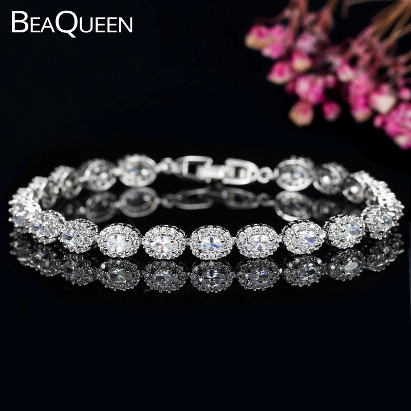 Фото Женский браслет с фианитом BeaQueen, очаровательный браслет серебряного цвета с фианитом овальной формы, для тенниса, B044 №1