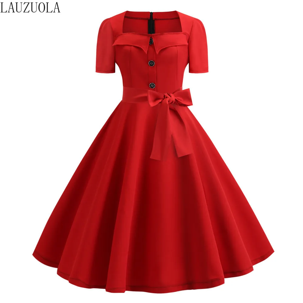 LAUZUOLA/синее женское винтажное летнее платье халат с коротким рукавом 50s 60s в стиле пин-ап расклешенное рокабилли Vestidos офисные вечерние платья