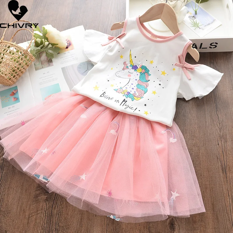 

Two-piece Girls Clothing Sets Summer 2022 Baby Girls Unicorn Print Short Sleeve T Shirts with Mesh Pleated Skirt Clothes Suit