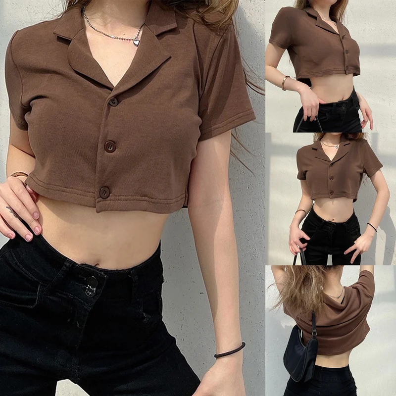 

Women's Short Cropped Cardigan Lapel Short Sleeve Top Women's Short Shirt Brown