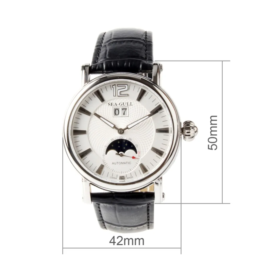 Seagull Moon Phase Авто Дата часы из натуральной кожи выставка обратно выгравированы само ветер автоматические механические мужские часы M308s