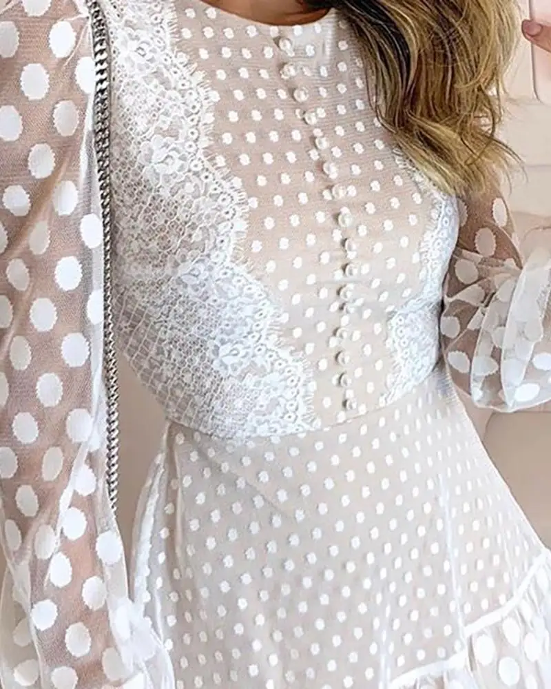 Элегантное Белое Кружевное женское платье в горошек осень 2020 вечернее с длинным