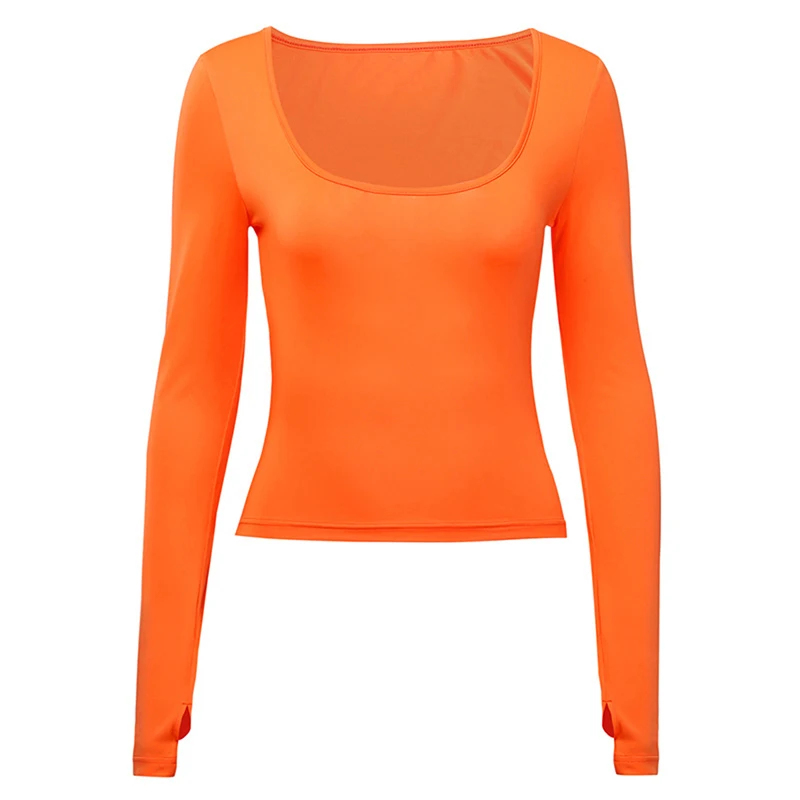 

Long Sleeve Cotton Basic Tees Neon Orange Green Regular Natural Tops 2021 Spring Casual T Shirt Bodycon T-shirts Outfits