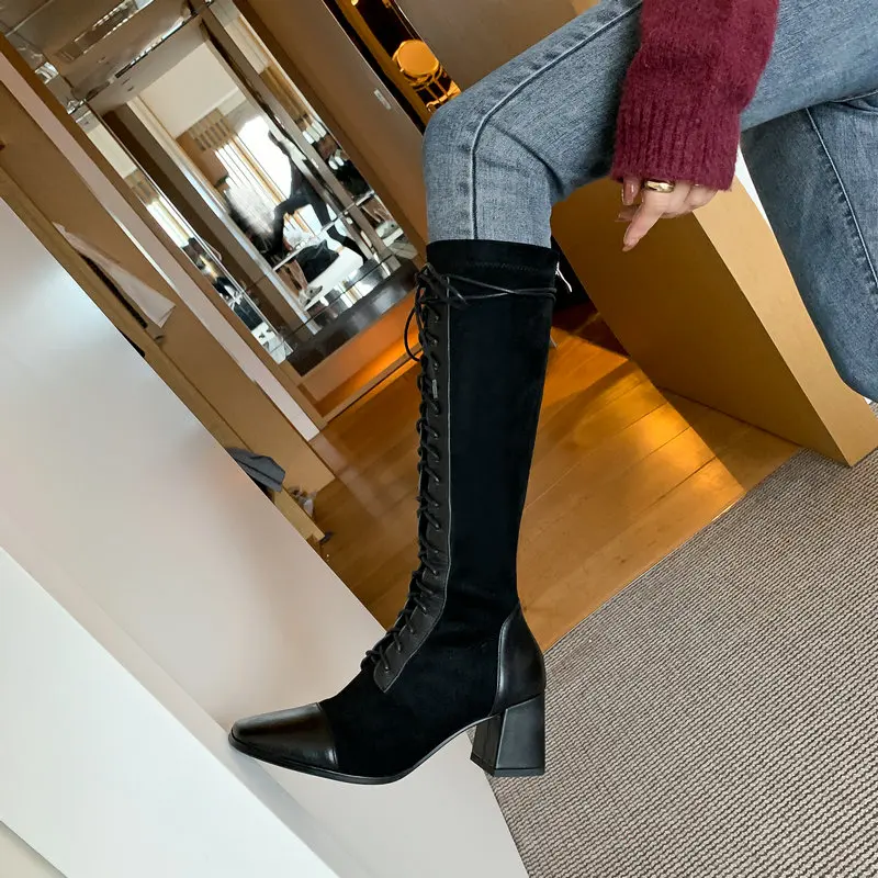 

Size 34-40 INS Women Knee High Heel Boots Lady Riding Botas Warm Winter Shoes Women Sexy Square Toe Casual Footwear