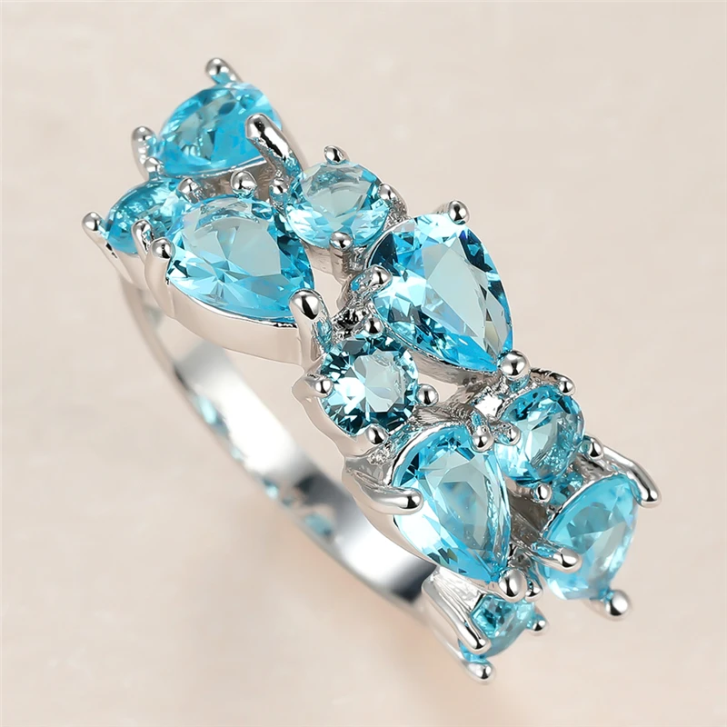 

Vintage Female Aqua Blue Crystal Stone Ring Charm Silver Color Wedding Rings For Women Dainty Bride Water Drop Engagement Ring