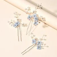 3pcs blue flower u shaped hair pins pearl elegant headwear for wedding bridal women hair jewelry accessories sl