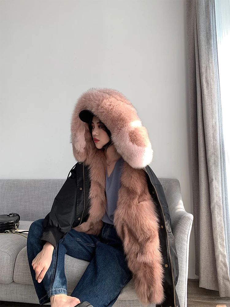 New Korean Real Fox Fur Bomber Jacket Female Winter Waterproof Coat 2021 Fox Fur Liner Hooded Parka Outerwear Streetwear Women