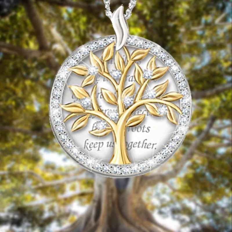 

Tree of Life Round Pendant Necklace Set Crystal Hollow Out Metal Pendant Chain for Women Accessories Girl's Jewelry