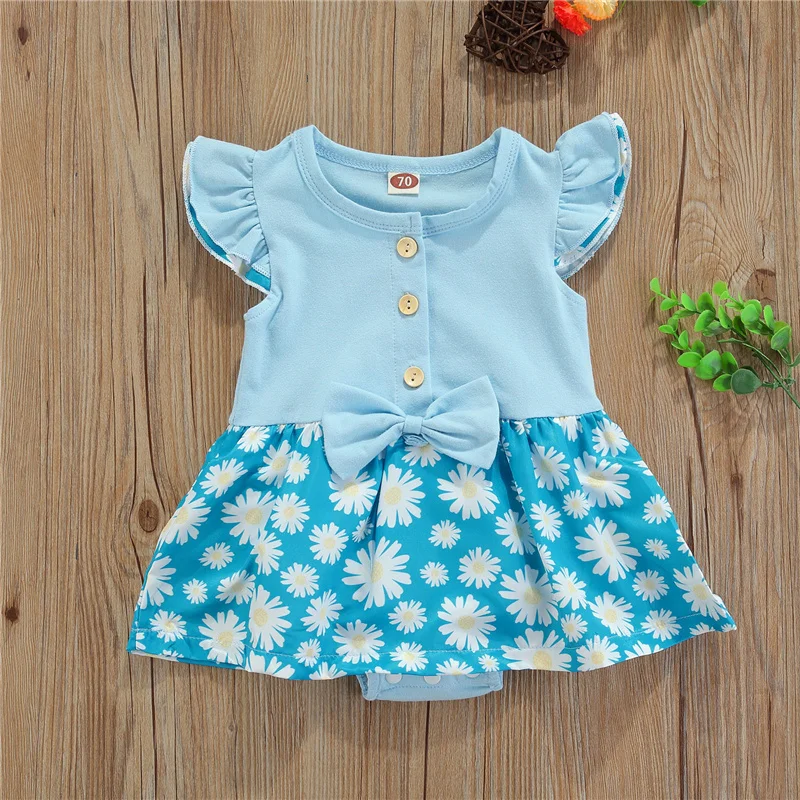 

Baby Girl Summer Bodysuit, Cute Fly Sleeve Bow Front Daisy Print Romper Tutu Dress