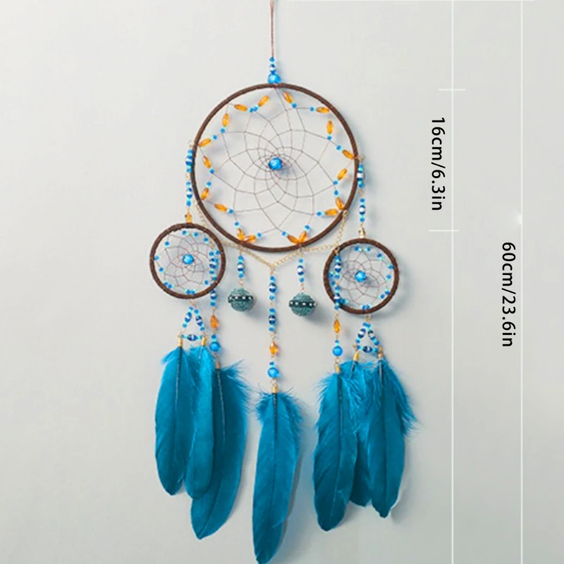 

Handmade Blue Feather Dream Catcher Wind Chime 3 Circle Wall Hanging Bells Pendant Ornament for Kids Nursery Bedroom K0AB