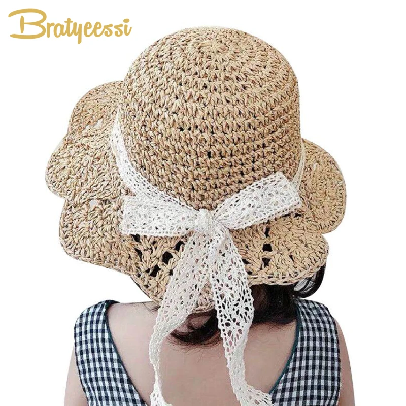 

Summer Baby Hats for Girls Panama Bucket Hat Kids Cap Princess Lace Bow Handmade Baby Sun Hat 3 Colors