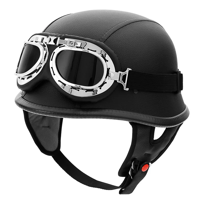 

DOT German Black Leather Motorcycle Half Face Helmet Biker Pilot Goggles M L XL
