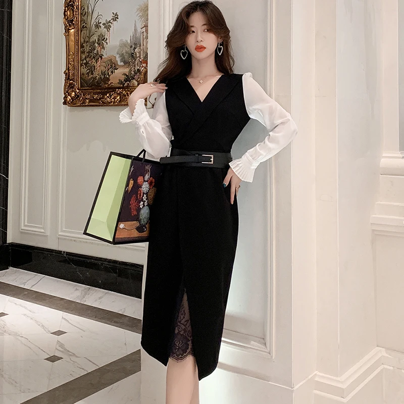 

Spring Autumn Office Ladies Dress for Women Lace Patchwork Hem Chiffon Stitching High Waist Party Dresses TA339