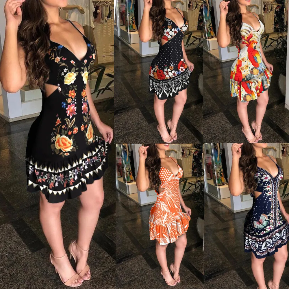 

New feminine fashion sleeveless printed suspender skirt
