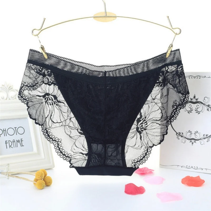 Sexy Lace Transparent Ladies Panties Perspective Mid-waist Ice Silk Briefs Solid Color Seamless Cotton Underwear For | Женская одежда