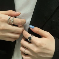 new fashion personality 925 silver geometric irregular retro heavy black round adjustable index finger ring for women jewelry