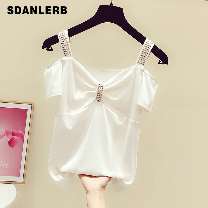 

2021 Summer New Fashion Tops Metal Decorative Rivets Off-Shoulder T-shirt for Women Casual All-Matching Short Sleeve Pullover