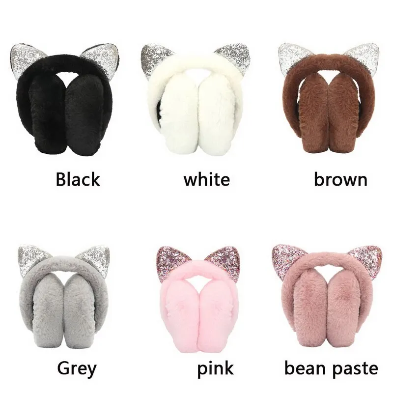 

Brand New 2020 Fashion Women Girl Fur Winter Ear Warmer Earmuffs Cat Ear Muffs Earlap Glitter Sequin Earmuffs Headband Newest