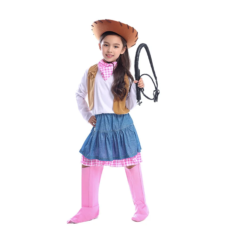 

Girls Denim Wild West Adventure Character Dress Apron Boot Cover Kids Halloween Party Cosplay Make Up Role Playing Outfit Suit
