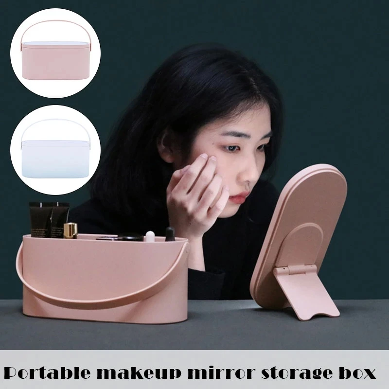 

Makeup Organizer Box With LED Light Mirror Travel Makeup With Touch Screen Light Up Mirror USB Charge Portable Storage Basket