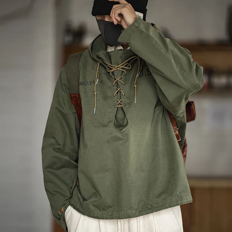 

male Hooded Pullover Long Sleeve Deck Parker Jacket Drawstring Neckline Workwear Jacket Green Cuffs Ribbon Closure Jacket