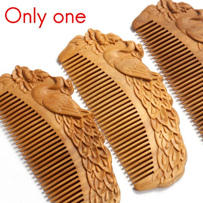 

2 Pcs Hand-Carved Sandalwood Craft Comb Professional Haircut Peacock Massage Comb Hair Brush Styling