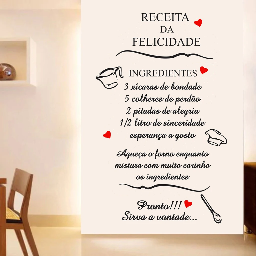 

Receita Da Felicidade Portuguese Quotes Vinyl Removable Wall Stickers Decals Mural For Restaurant Kitchen Decor Poster RU2277