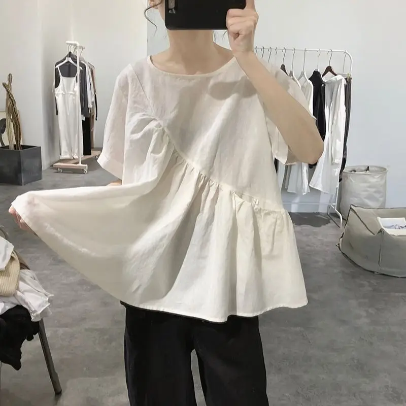 

Korean Cotton Linen Shirts Ladies Summer New Simple Pleated Hedging Loose Round Neck Short Sleeved Blouses Women Casual Top
