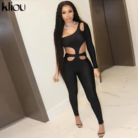 kliou sexy cut out one shoulder long sleeve bodycon rompers womens jumpsuit 2021 fashion street style solid one piece outfits
