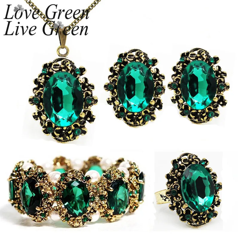 Conjunto de joyería de cristal verde esmeralda ovalada Retro, colgante azul chapado en oro antiguo, collar, pendientes, pulsera y anillo