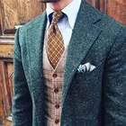 Мужской твидовый пиджак, коричневый однобортный пиджак в зеленый горошек с брюками, Свадебный костюм с английским лацканом, 2021