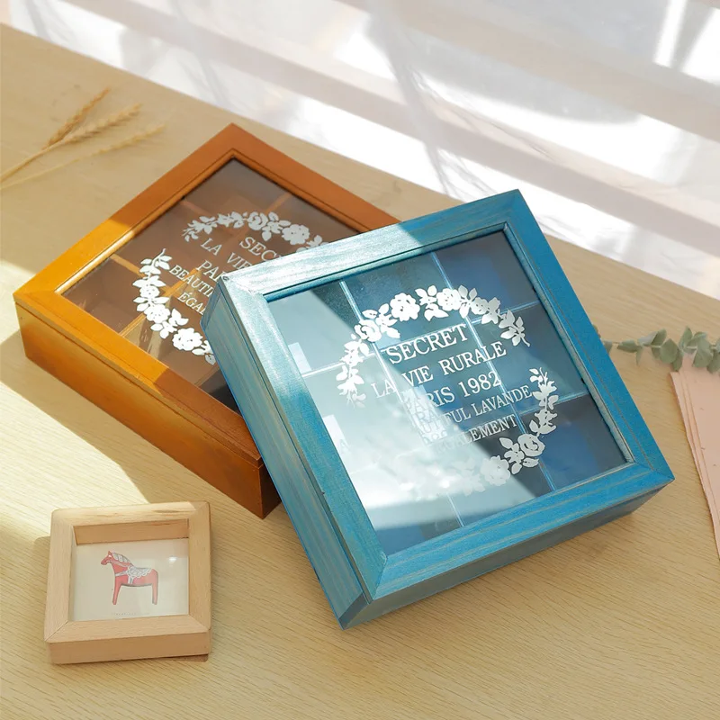 

2Pcs 9 Section Wooden Chic Tea Box Compartments Container Bag Chest Storage Spice New Store Boxes Cosmetics Jewelly 24 x 24 x 7C