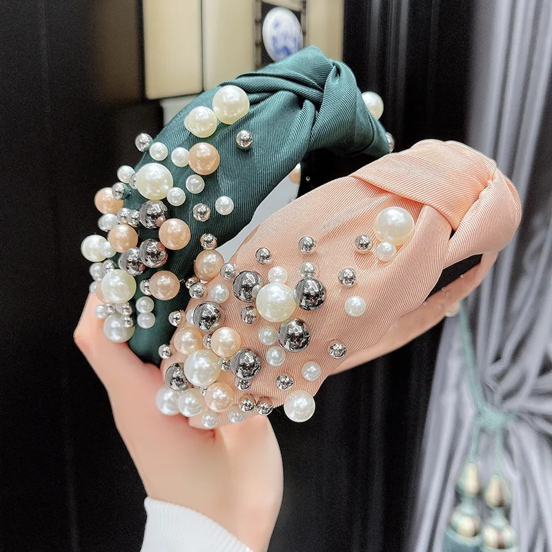 

New Fashion Women Hair Accessories Wide Side Headband Mix Pearls Baroque Hairband For Adult Center Knot Headwear Wholesale Gift