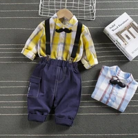 top and top spring cotton gentleman baby boys clothes clothing sets plaid long sleeve biw tie shirt rompers suspenders pants