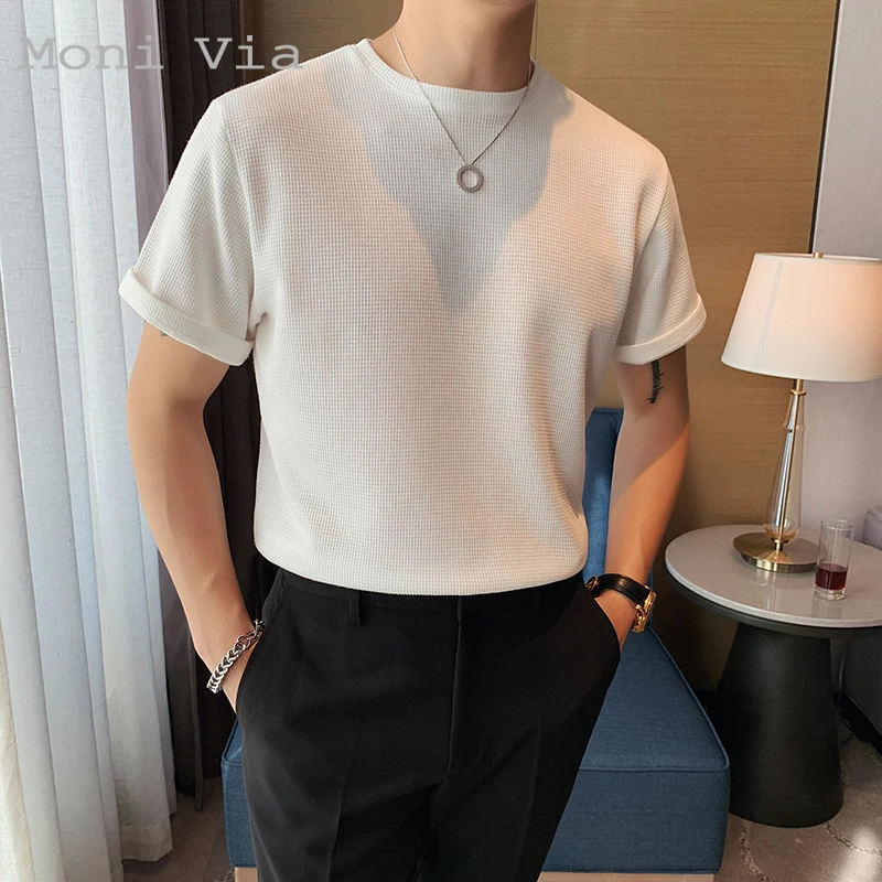 

Summer Waffle Short-Sleeved T-Shirt Men's Round Neck Top Loose Solid Color Shirts Half-Sleeved Business Casual Bottoming Shirt