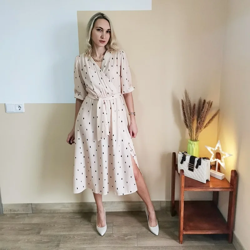 

Vintage Polka Dot Print Women'S Dress Lantern Sleeve V Neck Elegant A Line Party Dress 2021 Spring Summer Wrap Casual Maxi Dress
