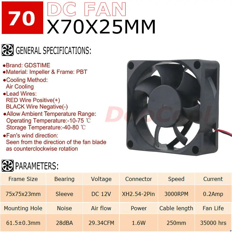 5 шт./партия Gdstime 7025s 2Pin 70 мм 70x70x25 мм 7 см кулер 12 В DC микро электрический вентилятор охлаждения
