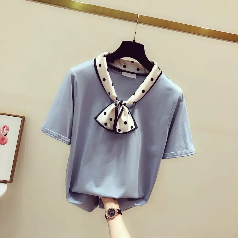 

2021 spring and summer new stitching wave point silk scarf loose leisure fashion Joker cotton short sleeve T-shirt women tide