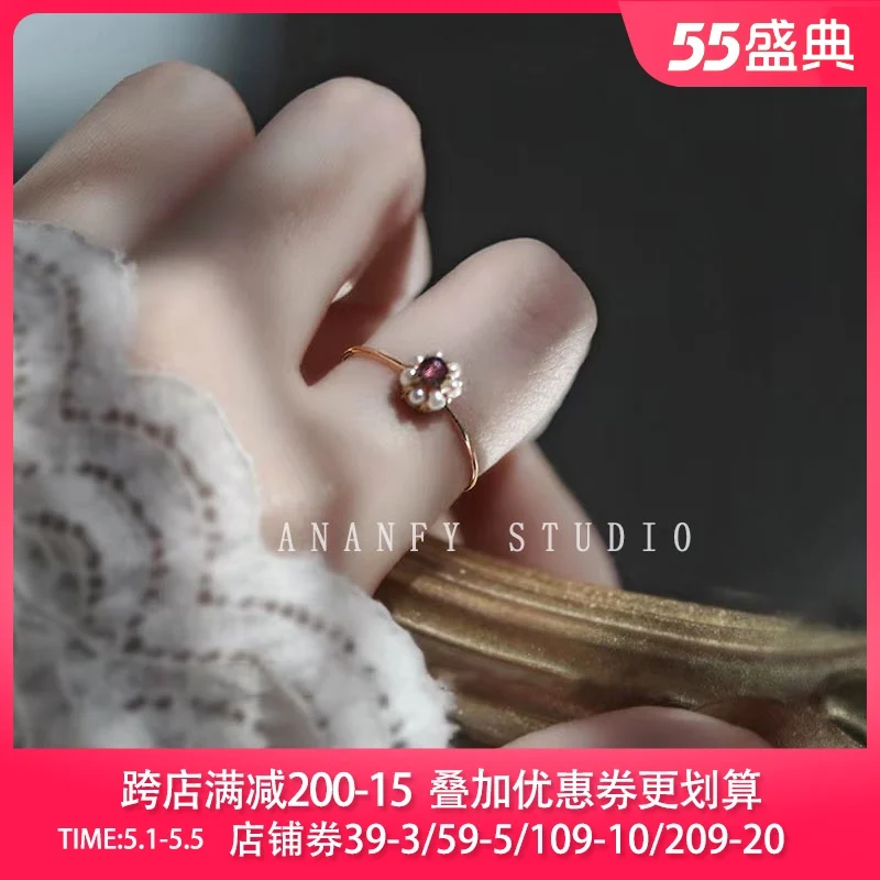 

Japanese and Korean Students Gift Vintage Temperament Pearl Flower Adjustable Ring Fresh Simple Ring Tail Ring Jewelry Women