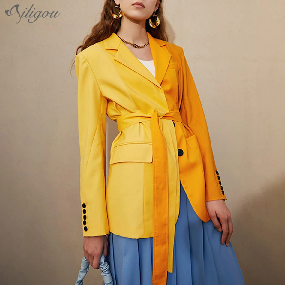 

Ailigou 2021 Summer Women'S Yellow Pocket Belt Stitching Suit Jacket New Style V-Neck Long-Sleeved Loose Jacket Fashion Trend