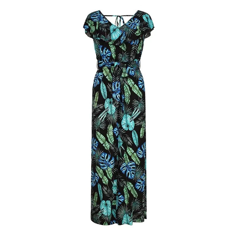 

Casual Wild Leaf Print Summer Women Jumpsuit With Ruffled V-neck Belt Beach Holiday Straight Full Length High-waist Jumpsuit