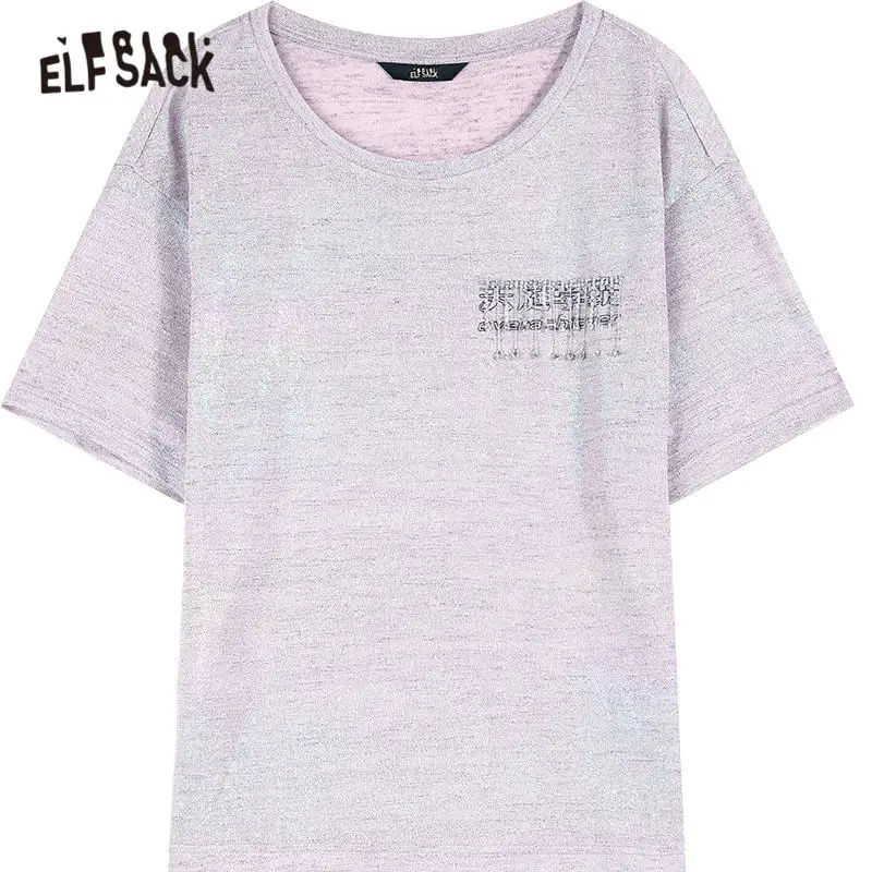 

ELFSACK Yellow Solid Sequins Diamond Casual Harajuku T-Shirts Women 2020 Summer ELF Lavender Pure Korean Ladies White Daily Tops