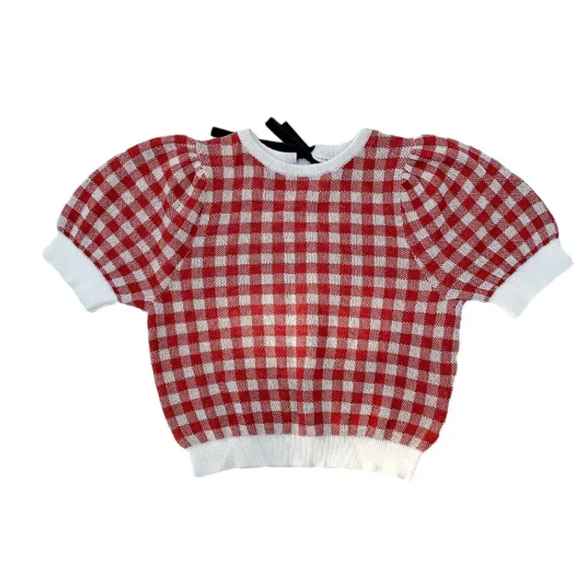 

2021 summer new plaid knitting tops baby girl thin Puff sleeve t-shirt children Korea style Sweater kids tops wz117