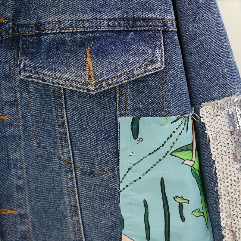 

2020 Spring Autumn Women's Denim Jacket Sequins Overcoat Patchwork Cartoon Jeans Jacket Casual Female Loose Coat Outwear P638